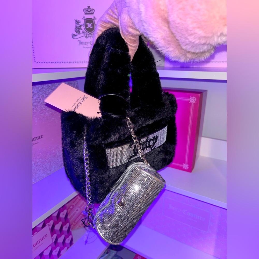 🖤Juicy Couture Black Faux Fur Bag with Rhinestone Accent✨